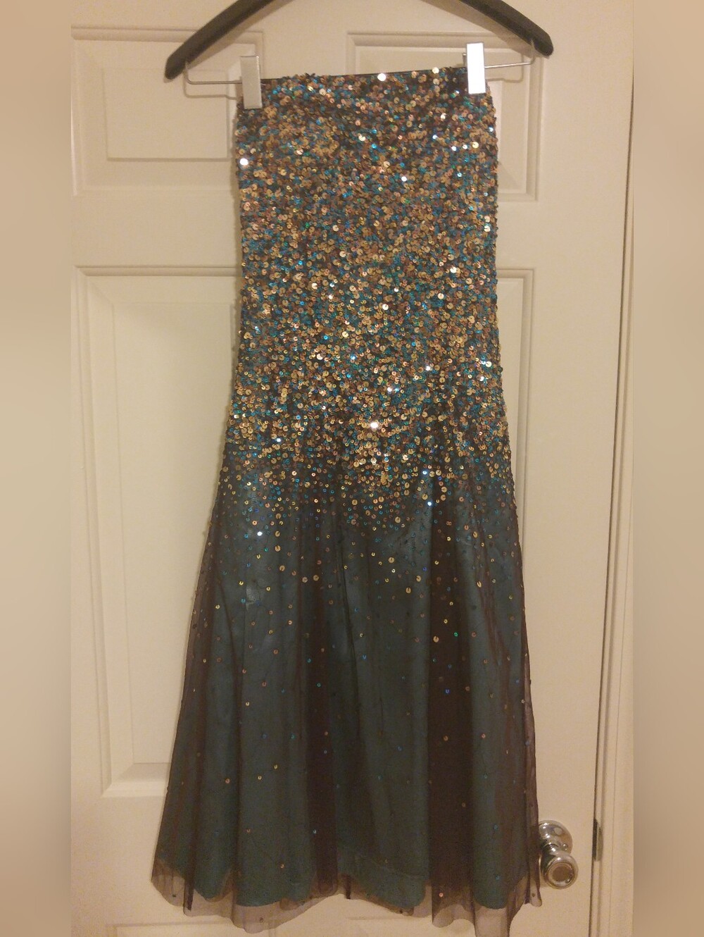 Scala Strapless Sequin Gown in Teal H Gold w/ Teal Bolero Cover-up - Size Medium